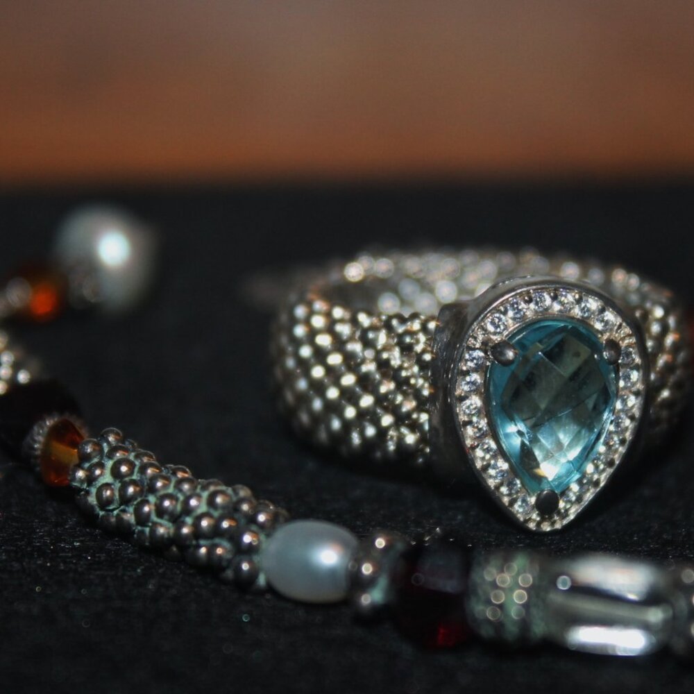 $349 925 Sterling Mesh Link Blue Topaz Ring Pearl Bead Bracelet Set 22 Grams!